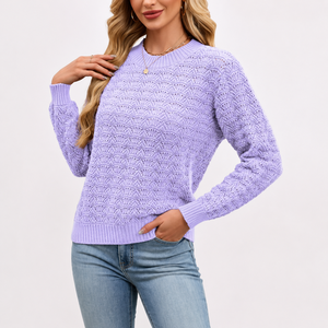 Suéter de Punto Morado para Mujer, Cuello Redondo, Manga Larga, Color Sólido, Informal, Otoñal, Nailon/Acrílico, Antipilling, Corte Regular - Product Image 1
