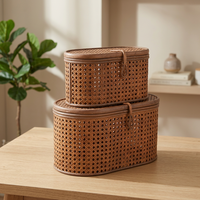 Paniers de rangement ovales en rotin naturel avec couvercle, empilables, design rustique pour l'organisation des articles divers