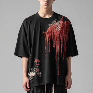 เสื้อยืดผู้ชายผ้าฝ้ายโพลีเอสเตอร์ 100% ปักลายแบบดิสเทรส ทรงหลวม พิมพ์ลาย เสื้อยืดลำลองผู้ชายไซส์ใหญ่ - Product Image 1