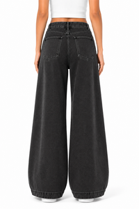 Vaqueros anchos de mezclilla para mujer, negros lavados, de cintura alta, estilo holgado con apliques florales, pantalones de streetwear elegantes y de gran tamaño. - Product Image 4
