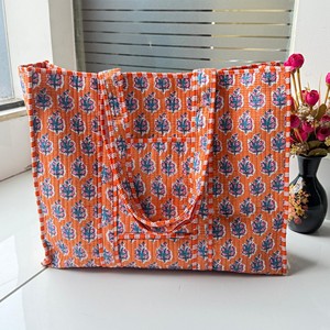 Sac fourre-tout bohème matelassé en coton imprimé à la main pour femme avec fermeture ouverte, sac fourre-tout lavable, sac en coton imprimé Jaipur - Product Image 6