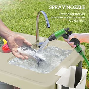 Tavolo Pieghevole Portatile per Pulizia Pesci con Lavelli, Tubo di Scarico, Spruzzatore, Ripiano e Cassetto Portaoggetti - Arredo da Campeggio - Product Image 4