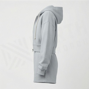 Conjunto de 2 piezas de sudadera con capucha y pantalones cortos de forro polar para mujer, color liso, ajuste holgado, ropa deportiva informal, por encima de la rodilla, con cremallera frontal, gris - Product Image 3