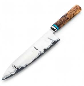 Couteau de chef artisanal en acier San Mai à haute teneur en carbone, manche en bois de burl avec accent turquoise, outil culinaire - Product Image 1