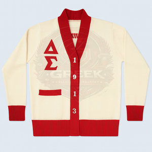 custom |Delta| sorority DST ivory and Red Varsity <b>Cardigan</b> Sweater for Men and Women Custom Letter Embroidery Knit Button up - Product Image 1