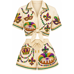 Women's Beige Full Sleeve <b>Short</b> <b>Set</b> with Sequined Embroidery Turn Down Collar Spring/Summer Wholesale Women's <b>Top</b> & <b>Short</b> <b>Set</b> - Product Image 3