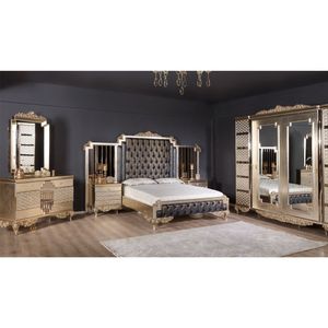 Luxury Art Deco <b>Solid</b> Teak <b>Wood</b> Bedroom Set King Size Bed Mirrored Wardrobe 2 Nightstands <b>Dressing</b> <b>Table</b> Luxury Furniture - Product Image 1