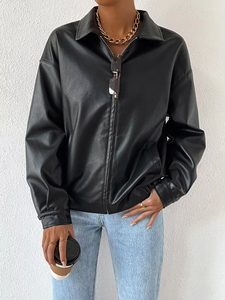 Chaqueta de cuero estilo bomber para mujer, manga larga, estilo holgado, cuello vuelto, con cremallera, estilo motociclista, para otoño, corte holgado, a la moda. - Product Image 3
