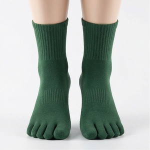 Green 5 Toe Crew <b>Socks</b> Solid Knitted Cotton Breathable For Adults Casual Daily Wear Autumn Style - Product Image 1