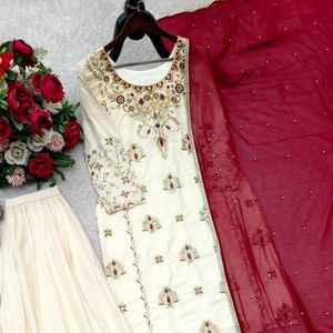 Beige Embroidered Salwar Kameez for Women Traditional <b>Indian</b> Pakistani <b>Top</b> and Pants Wedding Party Outfit - Product Image 3