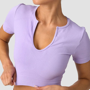 OEM Women's Workout Wear Short Sleeve V Neck Deep Crop Length Design Pattern <b>Yoga</b> Wear Comfortable <b>T</b>-<b>Shirt</b> Ribbed Material - Product Image 4