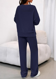 Ensemble 2 pièces en tricot bleu marine pour femme, sweat-shirt à col rond et pantalon large, coupe décontractée, pour toutes les saisons, à porter au quotidien - Product Image 5
