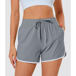 <b>Grey</b> <b>Women</b> Gym <b>Shorts</b> Polyester Contrast Trim Yoga <b>Shorts</b> with Drawstring Side Pocket Quick Dry Breathable Running <b>Shorts</b> - Product Image 2