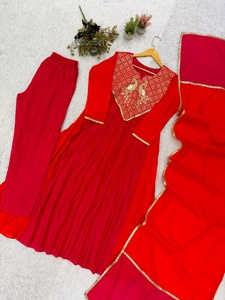 Costume Salwar rouge orangé pour femmes avec col brodé, tenue traditionnelle indienne pakistanaise pour mariage, provenant d'Inde, au meilleur prix - Product Image 5