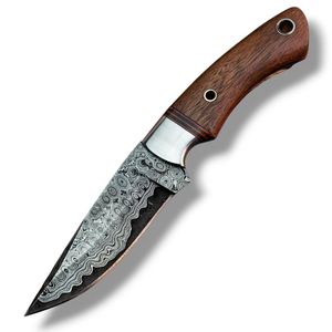 Cuchillos de caza Field Dressing Damascus con mango decorativo de madera, hoja curva afilada y hoja de acero estampada para acampar - Product Image 1