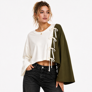 Camisa de mujer Chic Color Block con lazo, top corto rosa y negro, de algodón personalizado, manga larga ancha, ajuste holgado, estilo casual, para boutique. - Product Image 3