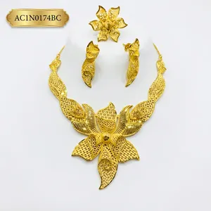 Gold Plated Brass Flower Box Chain <b>Necklace</b> Earrings & <b>Ring</b> Set for Women-Party & Wedding Jewelry - Product Image 3