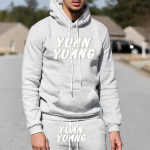 Ensemble survêtement homme personnalisé en molleton bouclette 500 g/m² de luxe avec impression en relief, pantalon évasé et sweat à capuche, 100 % coton - Product Image 5