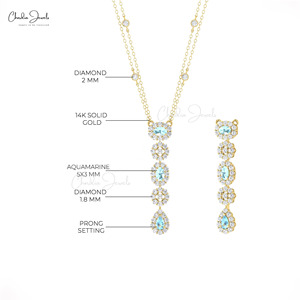 สร้อยคอทองคำแท้ 14k ประดับพลอยอะความารีนทรงหยดน้ำขนาด 5x3 มม. และเพชรแบบคลัสเตอร์ งานสั่งทำพิเศษจากอินเดีย - Product Image 5