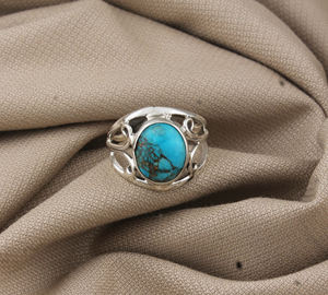 แหวนเงินแท้ 925 ประดับเทอร์ควอยซ์สีน้ำเงินทองแดงทรงเหลี่ยมเจียระไนแบบบริลเลียนท์ งานแฮนด์เมด สไตล์โบโฮคลาสสิก เรียบหรู สำหรับงานแต่งงานและงานปาร์ตี้ - Product Image 4