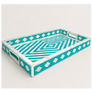 Geometric Bone Inlay <b>Decorative</b> <b>Tray</b> Turquoise Chevron Handmade Resin Serving <b>Tray</b> <b>for</b> <b>Coffee</b> <b>Table</b> and Wholesale Home Decor - Product Image 5