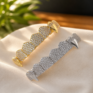 Grillz plaqué or jaune en forme de cube, pour dents supérieures et inférieures, style diamant Moissanite, bijoux dentaires - Product Image 3