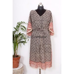 Elegante Camisón Kaftán de Algodón 100% para Mujer, Cuello en V, Manga Corta, Estampado Floral con Volantes, Largo Midi, para Verano - Product Image 4