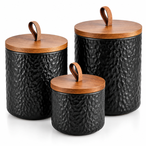 Three Piece Black Textured Ceramic <b>Canister</b> <b>Set</b> with Wooden Lids and Leather Loop Handles | Modern Kitchen Storage Jar Organizer - Product Image 1