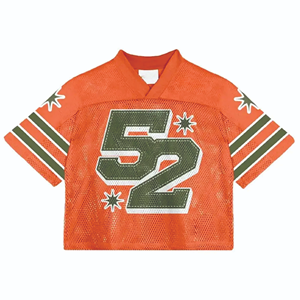 เสื้อฟุตบอลตาข่ายสีส้มสำหรับผู้ชายหมายเลข 52 ลายพิมพ์แทคเคิลทวิลแขนสั้นคอวีทรงปกติเสื้อผ้าสำหรับทุกฤดูกาล - Product Image 1
