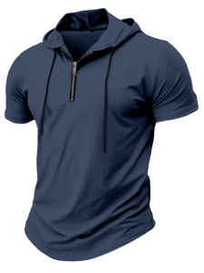 Men's Hooded Short Sleeve T-Shirt Solid Color Quick Dry Regular Fit Casual Knitted Polyester Jersey 200g Blue - Product Image 3