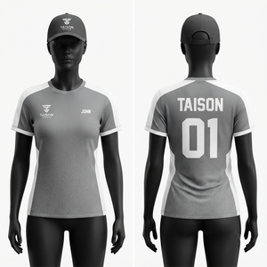 เสื้อดิสก์กอล์ฟผู้หญิง 160 GSM ผ้าโพลีเอสเตอร์อินเตอร์ล็อคคุณภาพพรีเมียม สีเทา-ขาว  โลโก้แบบซับลิเมชั่นสั่งทำได้  ชุดทีม  OEM ODM - Product Image 1