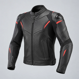 Chaqueta de Motociclista de Cuero Perforado Negra para Hombre con Detalles Rojos, Ropa de Verano Transpirable para Motociclismo - Product Image 4
