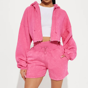 Ensemble sweat à capuche et short en polaire pour femme, rose uni, coupe décontractée, deux pièces, idéal printemps-été, prix de gros - Product Image 3