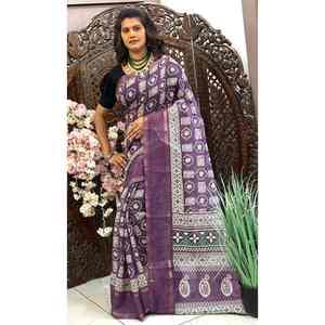 Sari en lin imprimé numérique de créateur avec dentelle à sequins et chemisier non cousu violet - Product Image 1