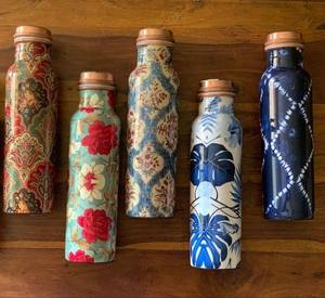 Floral Pattern Copper Water <b>Bottles</b> with Wooden Lids Portable Travel Drinkware Set - Product Image 1
