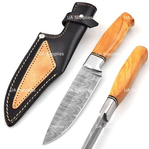 Couteau de chasse à lame fixe de 10 pouces en acier Damas fait main, pointe tombante, manche en bois d'olivier, étui en cuir, personnalisable OEM, usage industriel - Product Image 5