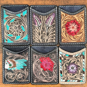 Offre Spéciale femmes usiné à la main en cuir porte-cartes Western en cuir véritable petit portefeuille Floral violet feuille porte-monnaie porte-cartes - Product Image 6