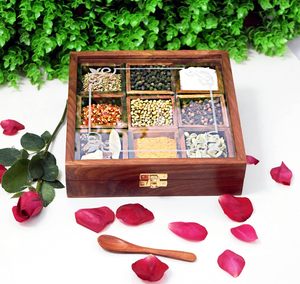 Boîte à épices en bois avec couvercle en verre et compartiments pour herbes, pour le rangement en cuisine - Product Image 5