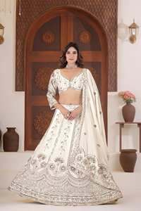 Lehenga Choli Papillon Moderne Bleu Marine Blanc Ivoire Vin - Grande Taille Longueur Ras du Sol Silhouette Empire Broderie Paillettes Zari - Product Image 2