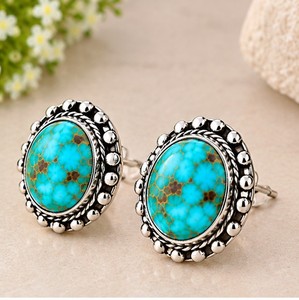 Muhave Turquoise <b>Silver</b> <b>Stud</b> Earrings, 925 Sterling <b>Silver</b> Turquoise <b>Studs</b>, Oval Blue Gemstone Earrings, Southwestern - Product Image 3