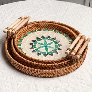 Round Rattan <b>Storage</b> <b>Tray</b> With Mosaic Design Bohemian Style Decorative Organizer for Table Use - Product Image 4