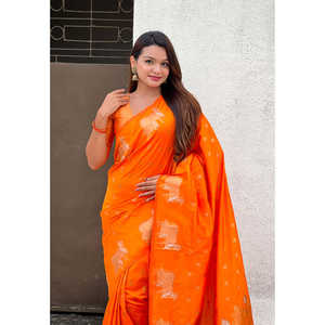 Sari tissé double zari Elite Weaves en orange avec bordure Nandi, soie douce 700g pour tenue de soirée - Product Image 5