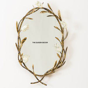 กระจกติดผนังตกแต่งบ้านและโรงแรม ดีไซน์ลายดอกไม้ ชุบทอง กรอบโลหะแข็งแรงรูปวงรี - Product Image 1