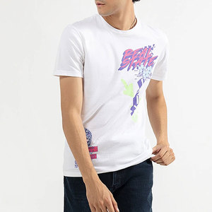 T-shirt blanc à manches courtes pour homme avec motif imprimé de lettres colorées, col rond, style décontracté, coupe régulière, tissu en jersey de coton - Product Image 1