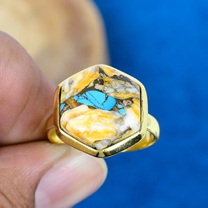 Natural Oyster <b>Turquoise</b> Hexagon shape Cut Gemstone 18k Gold Plated Bezel Handmade Cocktail <b>Ring</b> For Women - Product Image 3