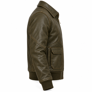 Chaqueta de Aviador A2 de Cuero Vacuno Auténtico para Hombre, Color Verde, Estilo Vintage, con Ribete Acanalado, Fabricación Personalizada, Venta al Por Mayor - Product Image 3