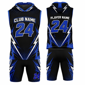 Ensemble de maillots de basketball personnalisés par sublimation, noir, bleu, blanc, 24, respirant, unisexe, pour adultes, en polyester, avec coutures sans couture - Product Image 1