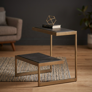 Modern Metal frame accent <b>table</b> with dual tier design and sleek <b>black</b> top offering durable style and space saving functionality - Product Image 1