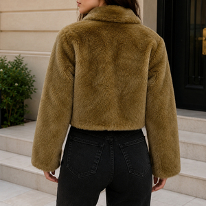 Women's Vintage Teddy <b>Coat</b> Brown Faux <b>Fur</b> <b>Coat</b> Crop Stand Collar Thick Winter Jacket - Product Image 5
