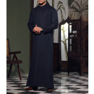 <b>Men's</b> Navy Blue <b>Thobe</b> Long Sleeve Stand Collar Modest Prayer Wear Cotton Floor Length All Seasons Middle East Style - Product Image 3